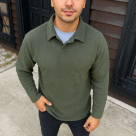 Erkek Fitilli Polar Sweatshirt – Düğmesiz Polo Yaka, Oversize Rahat Kalıp, Kalın Polar Kumaş, Kışlık Ve Baharlık Şık Günlük Üst - Haki