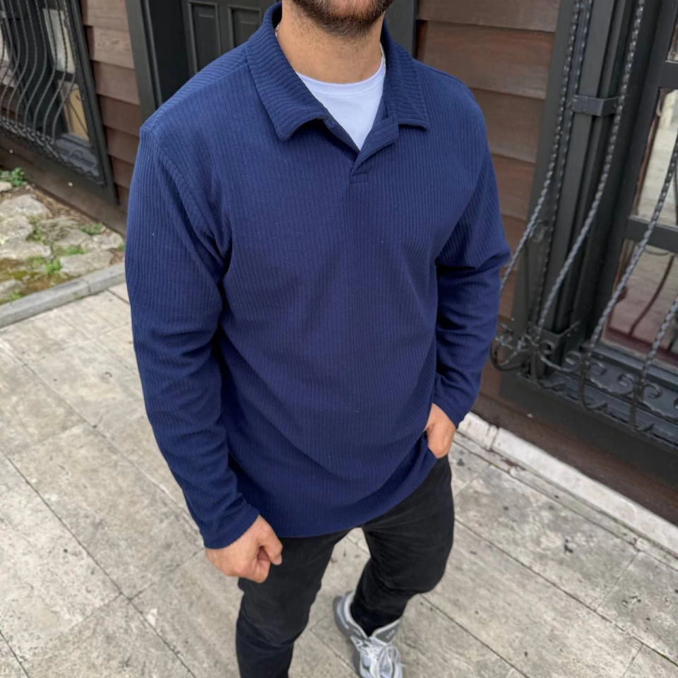 Erkek Fitilli Polar Sweatshirt – Düğmesiz Polo Yaka, Oversize Rahat Kalıp, Kalın Polar Kumaş, Kışlık Ve Baharlık Şık Günlük Üst - Lacivert - Görsel 2