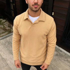 Erkek Fitilli Polar Sweatshirt – Düğmesiz Polo Yaka, Oversize Rahat Kalıp, Kalın Polar Kumaş, Kışlık Ve Baharlık Şık Günlük Üst - Bej