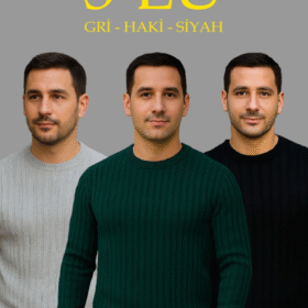 Erkek Fitilli Triko Kazak 3’lü Set – Gri, Haki, Siyah  Kalın Dokuma Pamuklu Regular Fit Bisiklet Yaka Uzun Kollu Kışlık Ve Baharlık Rahat Triko Kombini