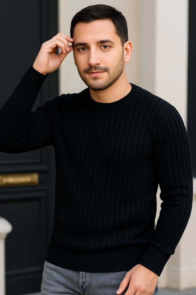 Erkek Fitilli Triko Kazak 3’lü Set – Gri, Haki, Siyah Kalın Dokuma Pamuklu Regular Fit Bisiklet Yaka Uzun Kollu Kışlık Ve Baharlık Rahat Triko Kombini - Görsel 3