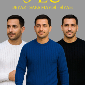 Erkek Fitilli Triko Kazak 3’lü Set – Beyaz, Saks Mavisi, Siyah  Kalın Dokuma Pamuklu Regular Fit Bisiklet Yaka Uzun Kollu Kışlık Ve Baharlık Rahat Triko Kombini