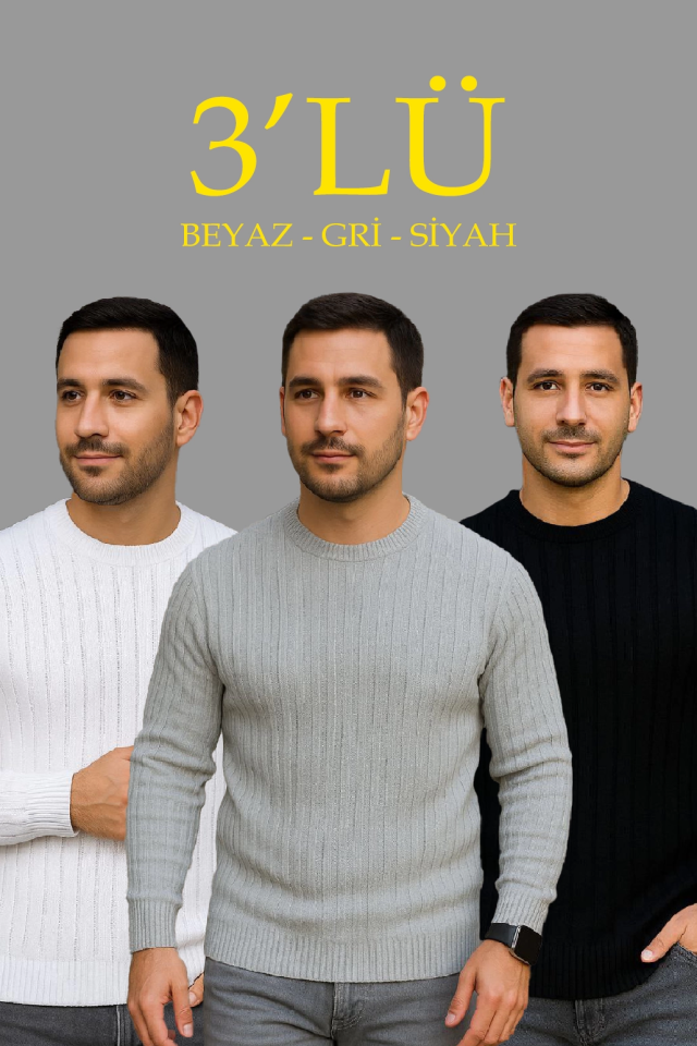 Erkek Fitilli Triko Kazak 3’lü Set – Beyaz, Gri, Siyah Kalın Dokuma Pamuklu Regular Fit Bisiklet Yaka Uzun Kollu Kışlık Ve Baharlık Rahat Triko Kombini