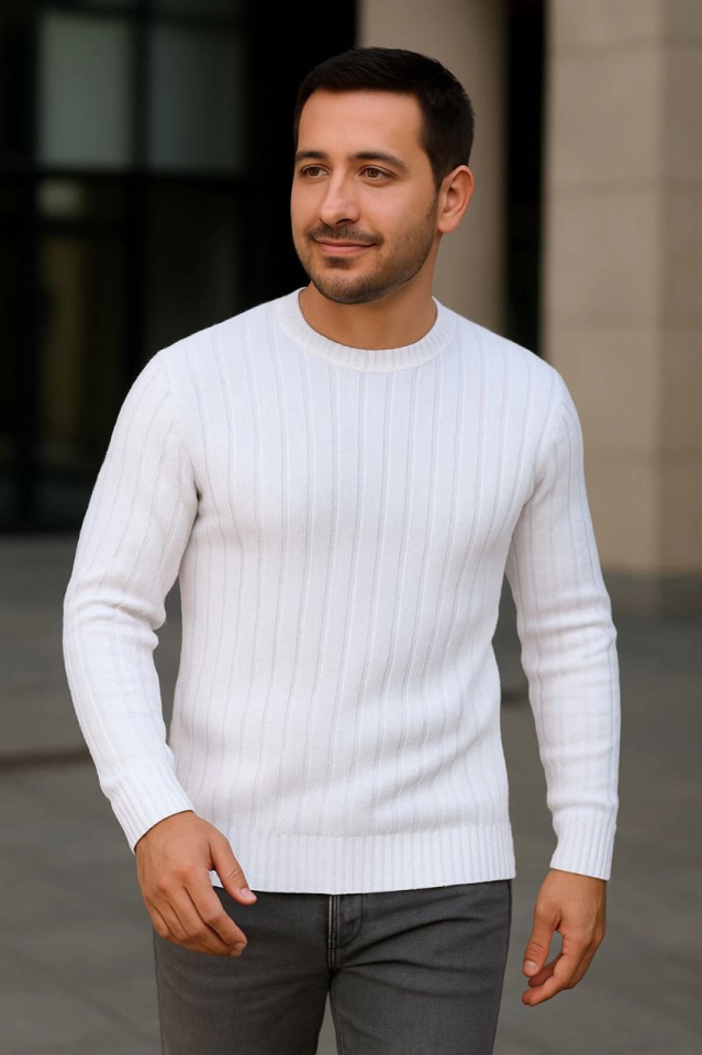 Erkek Fitilli Triko Kazak 3’lü Set – Beyaz, Gri, Siyah Kalın Dokuma Pamuklu Regular Fit Bisiklet Yaka Uzun Kollu Kışlık Ve Baharlık Rahat Triko Kombini - Görsel 3