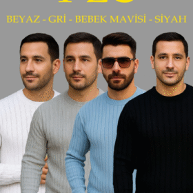 Erkek Fitilli Triko Kazak 4’lü Set – Beyaz, Bebek Mavisi, Gri, Siyah  Kalın Dokuma Pamuklu Regular Fit Bisiklet Yaka Uzun Kollu Kışlık Ve Baharlık Rahat Triko Kombini