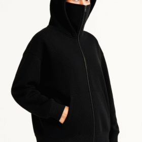 Samuray Ninja Çift Kapşonlu ZIP Fermuarlı Kanguru Çepli Hoodie Maske Detaylı Swetshirt - Siyah