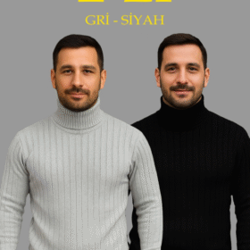 Erkek Fitilli Triko Kazak 2li Set Gri Siyah Regular Balıkcı Yaka Tam Boğazlı Triko Seti Modeli Kazak