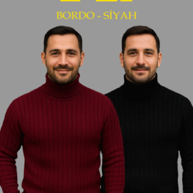 Erkek Fitilli Triko Kazak 2li Set Bordo Siyah Regular Balıkcı Yaka Tam Boğazlı Triko Seti Modeli Kazak