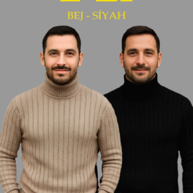 Erkek Fitilli Triko Kazak 2li Set Bej Siyah Regular Balıkcı Yaka Tam Boğazlı Triko Seti Modeli Kazak