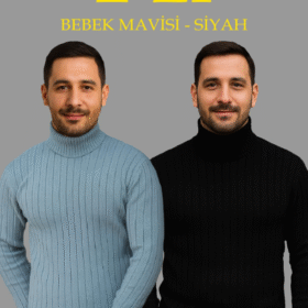 Erkek Fitilli Triko Kazak 2li Set Bebek Mavisi Siyah Regular Balıkcı Yaka Tam Boğazlı Triko Seti Modeli Kazak