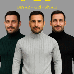 Erkek Fitilli Triko Kazak 3lÜ Set Gri Haki Siyah Regular Balıkcı Yaka Tam Boğazlı Triko Seti Modeli Kazak