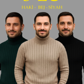 Erkek Fitilli Triko Kazak 3lÜ Set Bej Haki Siyah Regular Balıkcı Yaka Tam Boğazlı Triko Seti Modeli Kazak