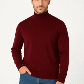 Erkek Yarım Boğaz Triko Kazak Yumuşak Dokulu Pamuklu Ince Dokuma, Uzun Kollu Rahat Regular Kalıp - Bordo