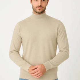 Erkek Yarım Boğaz Triko Kazak Yumuşak Dokulu Pamuklu Ince Dokuma, Uzun Kollu Rahat Regular Kalıp - Bej