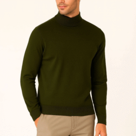 Erkek Yarım Boğaz Triko Kazak Yumuşak Dokulu Pamuklu Ince Dokuma, Uzun Kollu Rahat Regular Kalıp - Haki