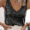 Pul Payetli Sıfır Kol Bluz -Siyah