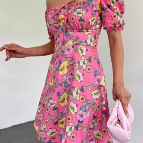 Yakası Lastikli Bağcık Detaylı Mini Elbise -Pembe