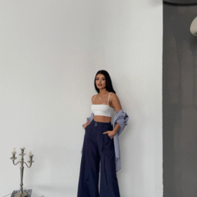 SALAŞ ÖNDEN YIRTMAÇ DETAYLI BEL KEMERLİ PANTOLON - Lacivert