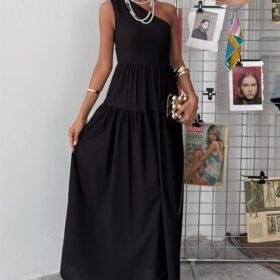 Tek Omuzlu Pile Detay Maxi Elbise 2895