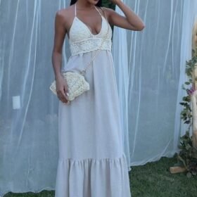 Göğsü Trikolu Keten Uzun Elbise 2904-08