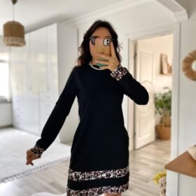 Kadın Uzun Kollu Bisiklet Yaka şerit Leopar Desenli Dalgıç Elbise