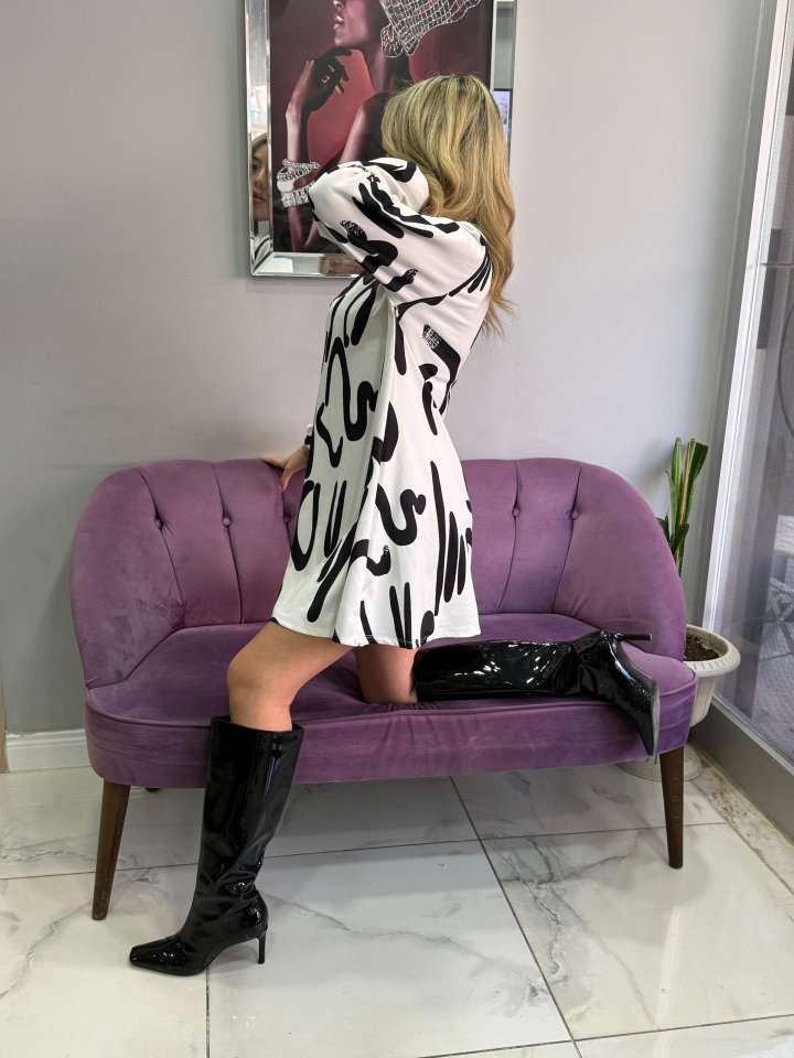 Kadın Uzun Kollu Yarı Balıkçı Yaka Desenli Kısa Dalgıç Elbise - Görsel 2