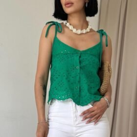Yeşil Bağcıklı Brode Bluz