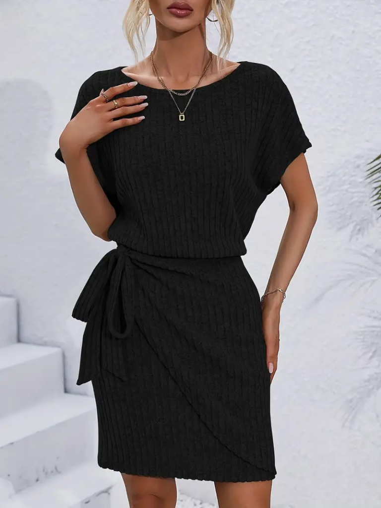 Kadın Kısa Kollu Yakası Açık Belden Lastikli Yandan Bağlamalı Kalın Fitilli Kaşkorse Elbise - Görsel 4