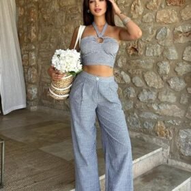 Vesna Keten Çizgili Crop Takım 9806-0025
