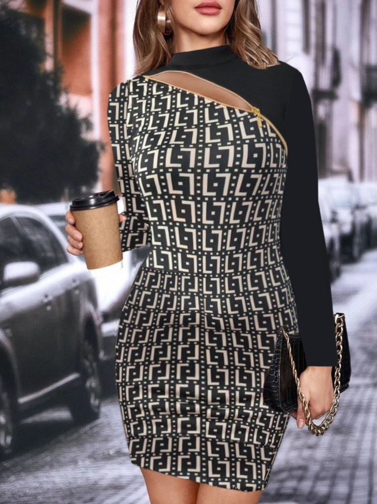 Kadın Uzun Kollu Göğüste çapraz Fermuar Detay Dalgıç Mini Boy Elbise - Görsel 3