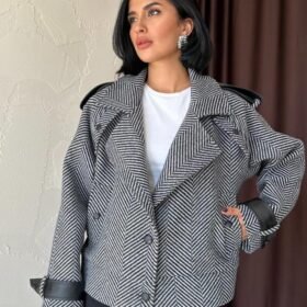 Gri Çizgili Deri Garnili Ceket