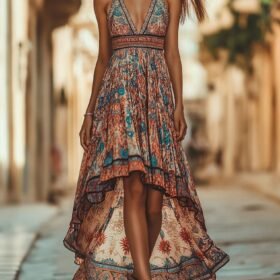 Kadın Askılı Derin Göğüs Detaylı Asimetrik Detaylı Süprem Elbise