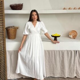 Ekru Müslin Uzun Elbise