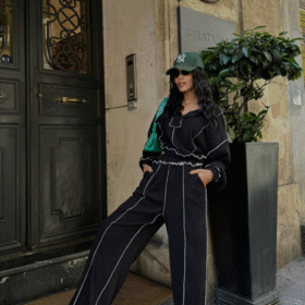 BİYELİ BLUZ PANTOLON TAKIM ŞÖNİL KUMAŞ - Siyah