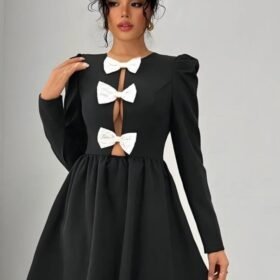 Kadın Dalgıç Kumaş Fiyonk Detaylı Uzun Kollu Mini Boy Elbise