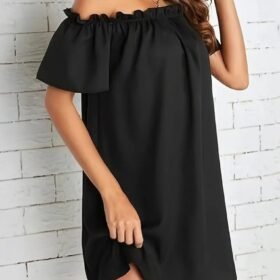 Kadın Kısa Kollu Fırfır Detay Madonna Yaka Mini Ithal Krep Elbise