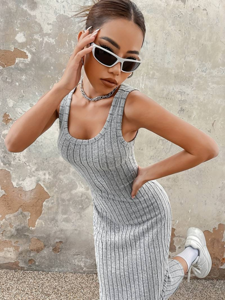 Kadın Kalın Askılı Kare Yaka Fitilli Kaşkorse Midi Boy Elbise - Görsel 4