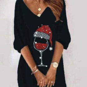 Kadın Uzun Kollu V Yaka Baskılı Dalgıç Kumaş Elbise