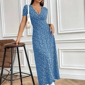 Kadın Kısa Kollu Kruvaze Yakalı çiçek Desenli Süprem Elbise