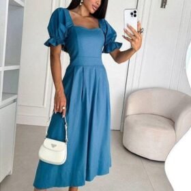 Kadın Kısa Kollu Kare Yaka Midi Boy Trikoton Kumaş Elbise