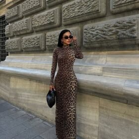 Kadın Uzun Kollu Balıkçı Yaka Gull Likralı Leopar Desen Maxi Boy Elbise