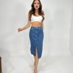 6478 DENİM MIDI SLIT SKIRT-MAVİ