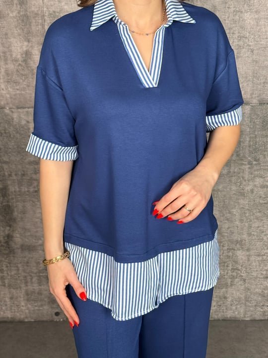 Kadın Modal Kumaş çizgili Gömlek Yaka Ikili Takım - Görsel 4