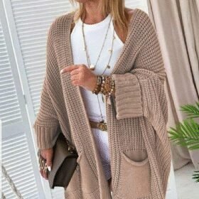 4Oversize Kalıp Cepli Salaş Triko Hırka BEJ