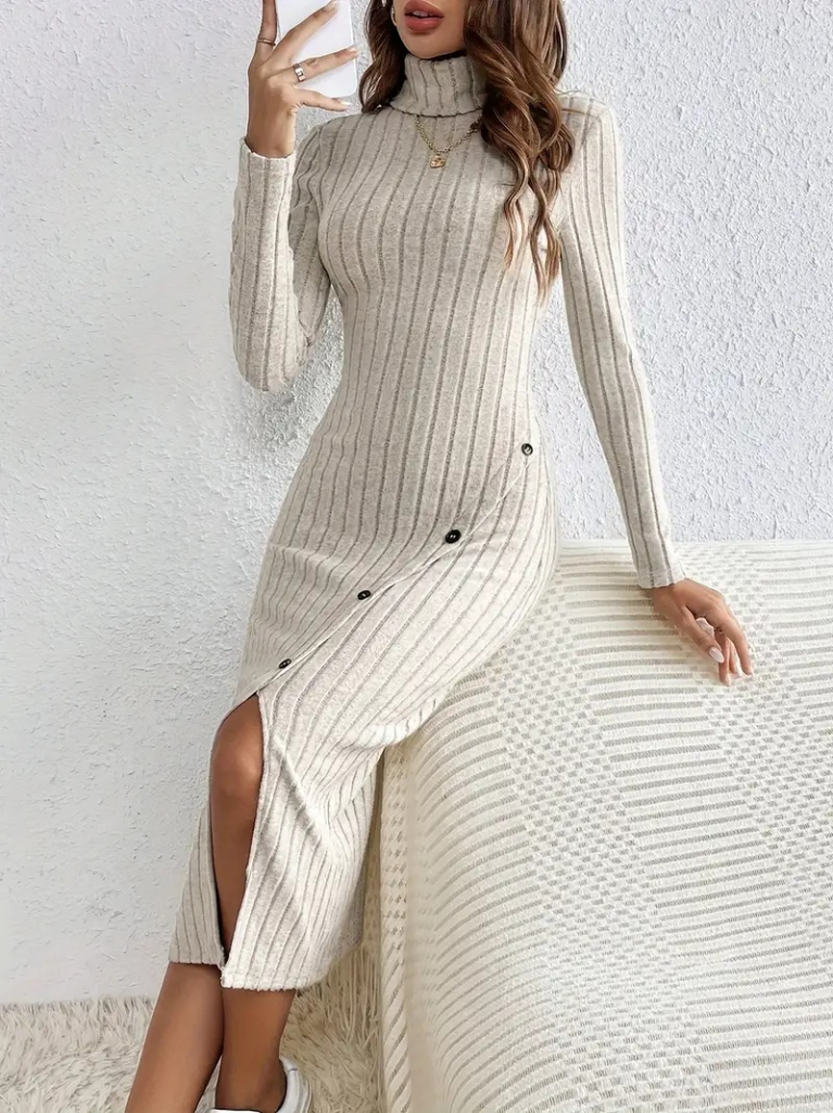 Kadın Uzun Kollu Balıkçı Yaka Yırtmaçlı Düğmeli şardonlu Kaşkorse Elbise(kemersiz) - Görsel 2