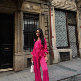 SATEN KRUVAZE BAĞLAMALI BLUZ- PANTOLON TAKIM - Fuşya