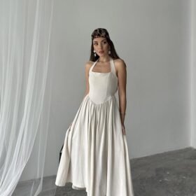 Bej Boyundan Bağlamalı Keten Elbise