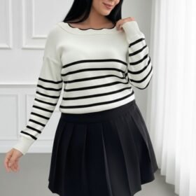 Kadın Beyaz Sırt Bağlama Detaylı çizgi Desen Triko Bluz