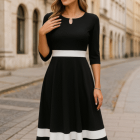 Kadın Truvakar Kol Yakası Açık Blok Renkli Krep Midi Elbise