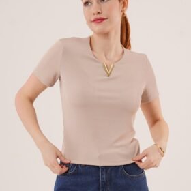 Kısa Kollu Yaka Detaylı Kaşkorse Taş Bluz